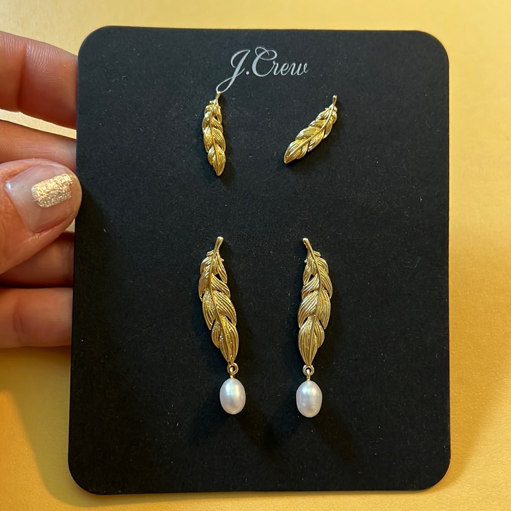 Gold feather earrings set of two